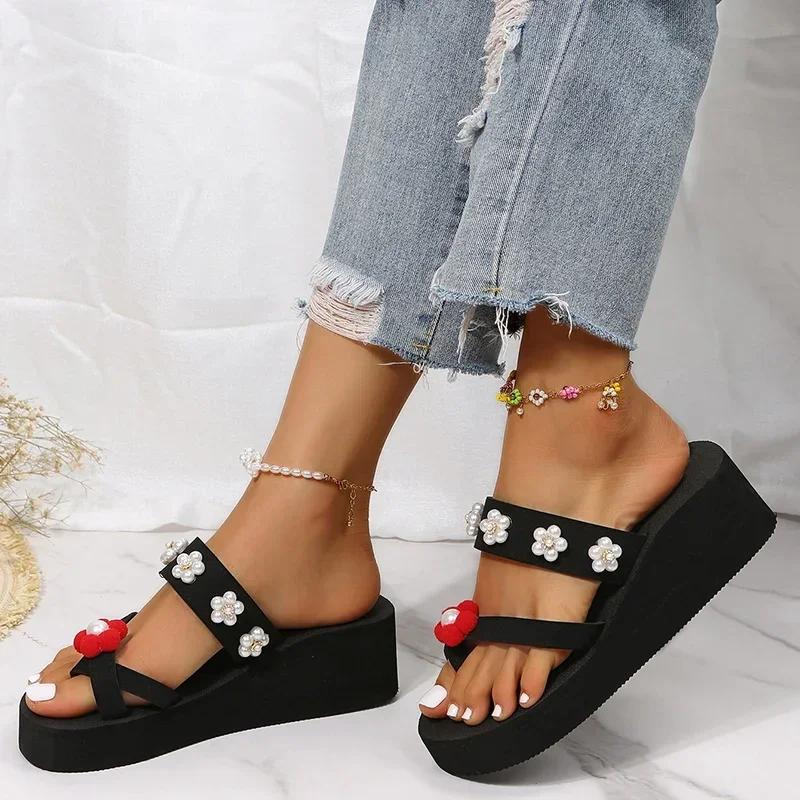 Fashion Women's Sandals Pearl Decor Toe-Clip Slippers Light Wedge Women Shoes Comfortable Female Beach Non-Slip Platform Slides Mujer