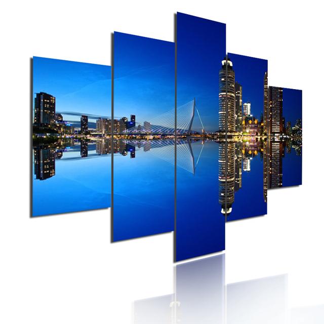 5 Pieces Modular Picture Bustling Cityscape Poster HD Printed Wall Art Modern Metropolis Skyscrapers Canvas Painting Home Decor