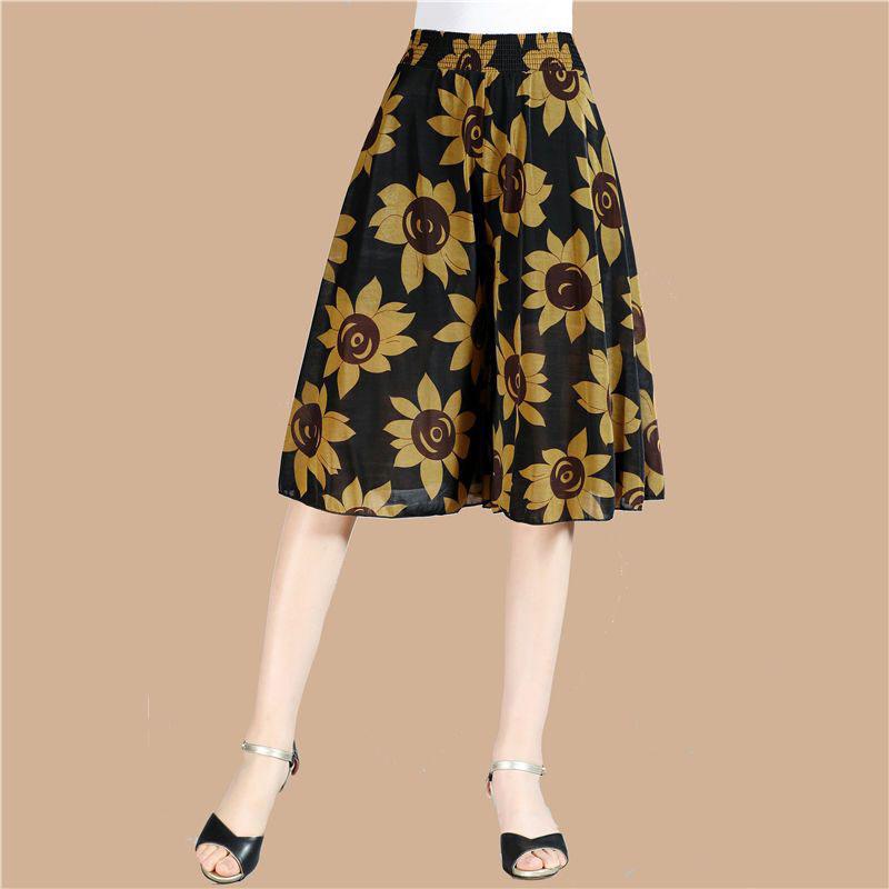 WTEMPO Women's Spring Summer Ice Silk Wide Leg Pants Elastic High Waist Thin Printed Skirt Pants Mother's Loose Cropped Pants