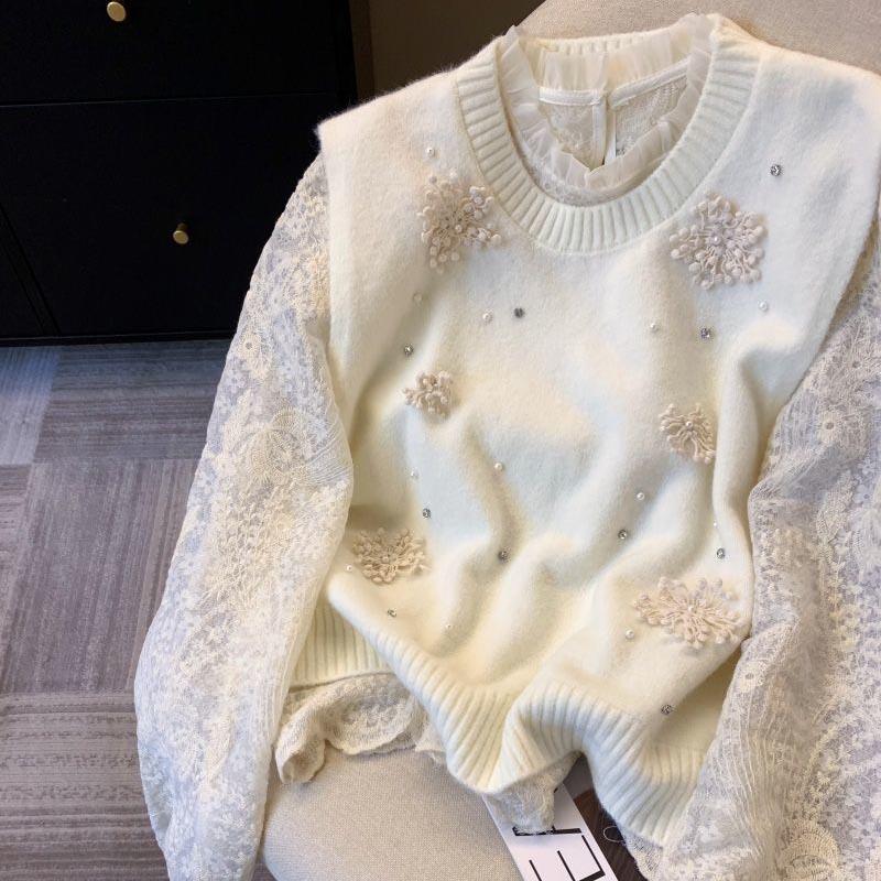 Set Top for Women Winter Flower Knit Sweater Vest Lace Slim Long Sleeve Bottom Shirt Two Piece Set