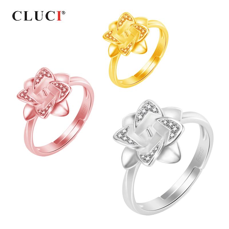 

CLUCI 925 Sterling Silver Flower Ring for Women Jewelry Silver 925 Pearl Ring Mounting Adjustable Zircon Ring SR2172SB resizable золотой