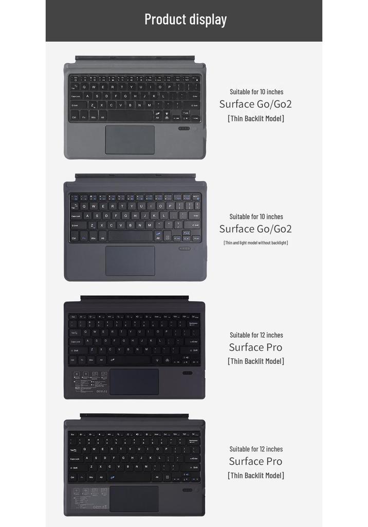 Colorful Backlit Wireless Bluetooth Keyboard for Microsoft Surface Pro 8/5/6/7 and Go