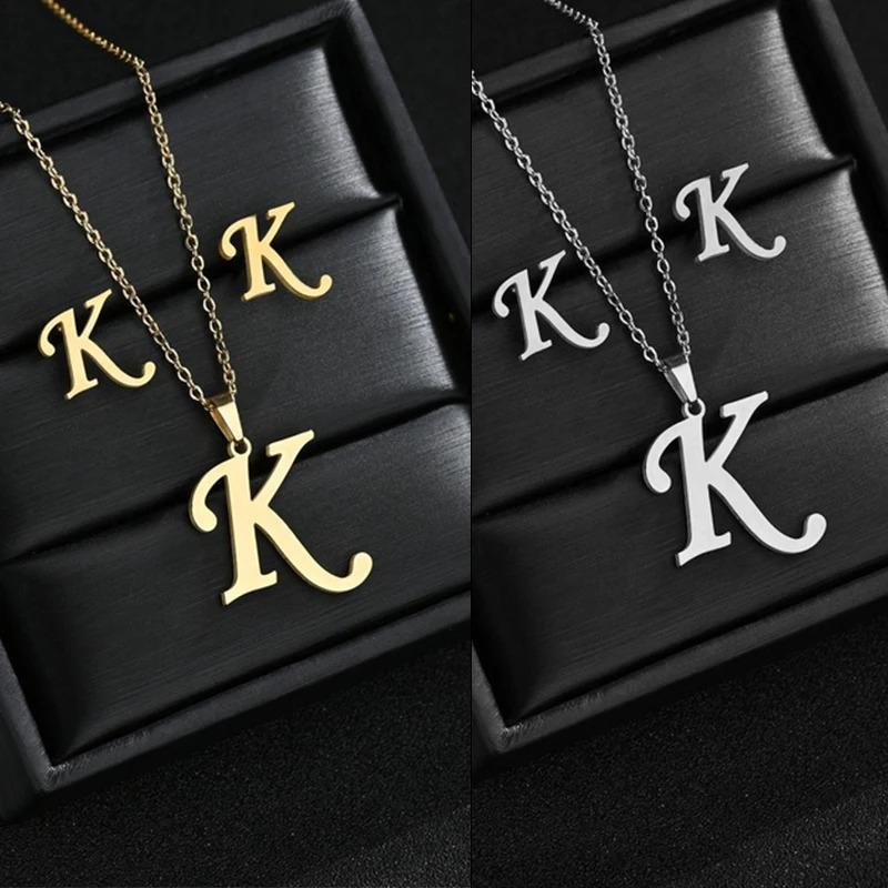 Fashion 26 English Letter Necklace Earrings for Women Set Stainless Steel A-Z Alphabet Initial Earring Necklace Set Jewelry