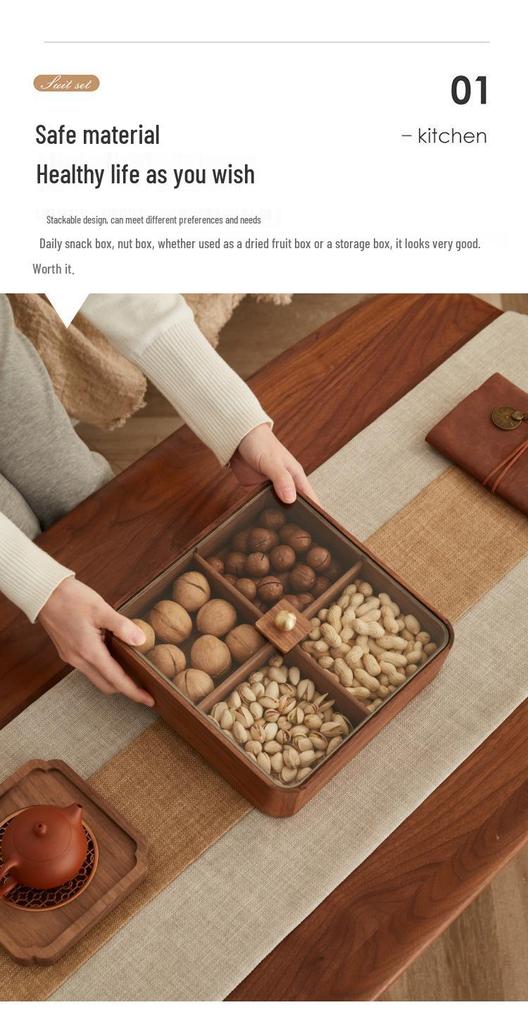 Solid Wood Compartmented Snack and Candy Box - Round Corner Wedding Decoration Gift
