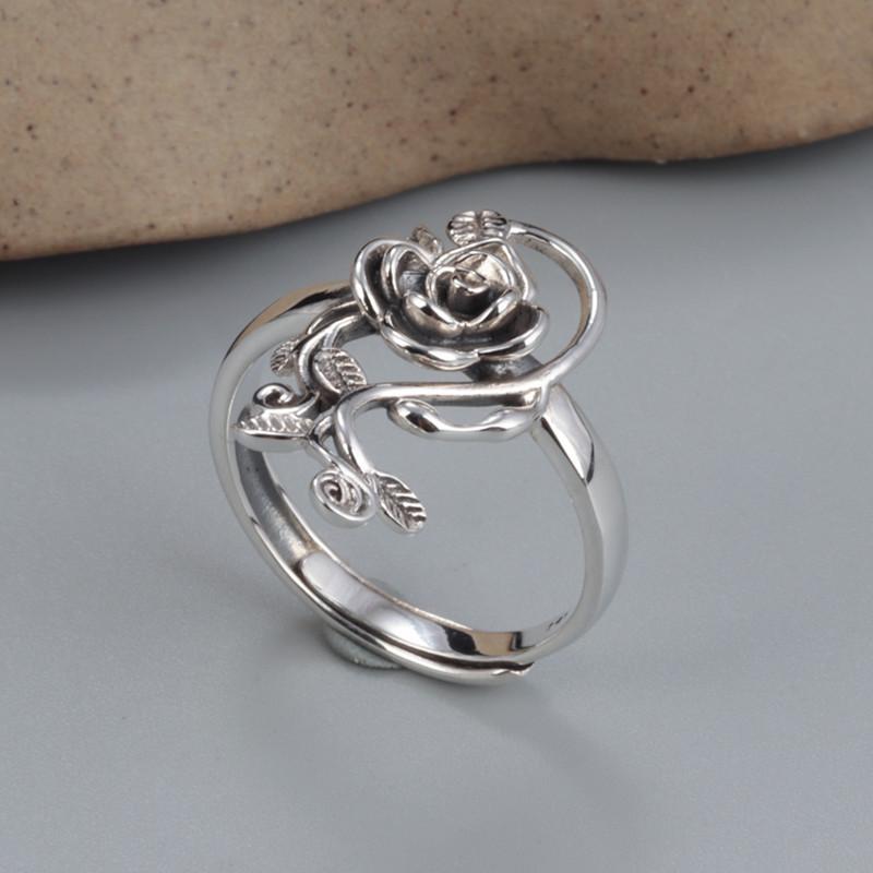 Buyee 925 Silver Rose Flower Open Ring for Women Elegant Fashion Jewelry Big Circle Gift Ethnic Fine Female