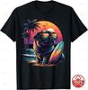 Retro Wave Pug Dog Surfing Beach Graphic Tshirt 80s Sunset Palm Tree Summer Surf Unisex Soft Cotton Loose Sport Breathable Tee