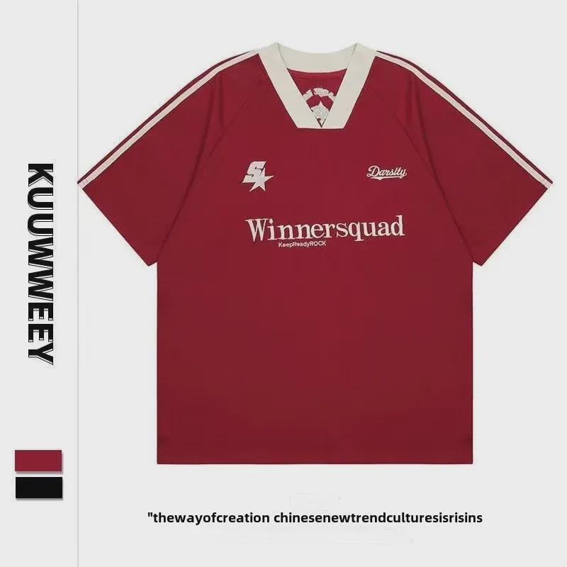 Unisex Retro V-Neck Embroidered Colorblock Half-Sleeve T-Shirt
