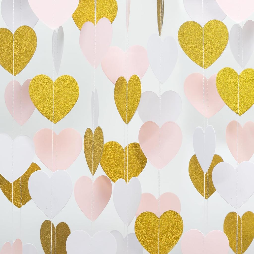 Rose-Gold Pink Burgundy Valentines Decorations - Paper Heart Garland 52ft Hanging Streamer Banner Engagement Mothers Day Wedding Anniversary Bridal