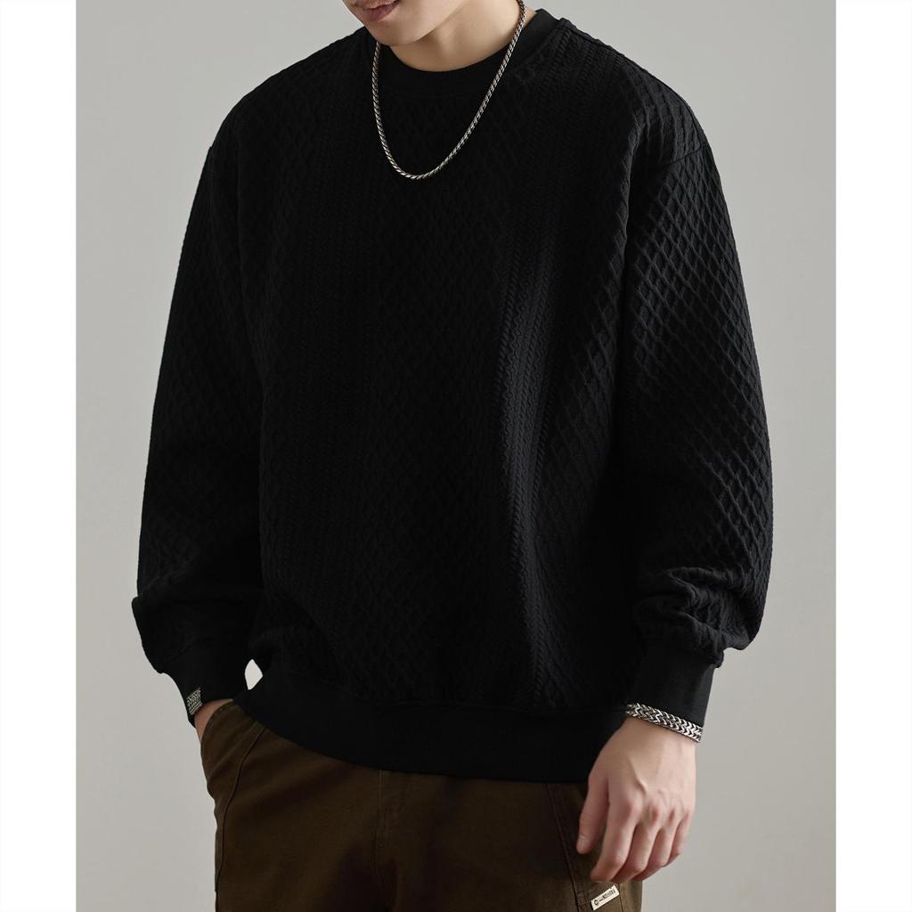 Retro Trendy Textured Jacquard Round Neck Sweatshirt for Men - Loose Fit, Plus Size Friendly, Casual Long Sleeve Top