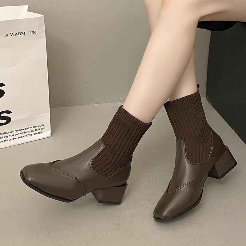 Retro Knitted Elastic Socks Boots Thin Boots 2025 New Thick Heel Martin Boots Women's Versatile Chelsea Short Boots
