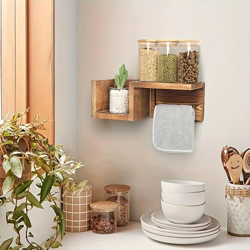 Wooden Wall Mounted Towel Rack & Tissue Holder with Shelf Farmhouse Bathroom Organizer Mounted Towel Rack Tissue Holder