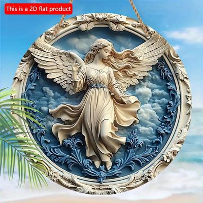 1 pièce Art mural rond en bois plat 2D inspiré d'un ange - Panneau décoratif de style classique - 20 cm à accrocher au mur, ne nécessite pas d'électricité, utilisation polyvalente pour la maison
