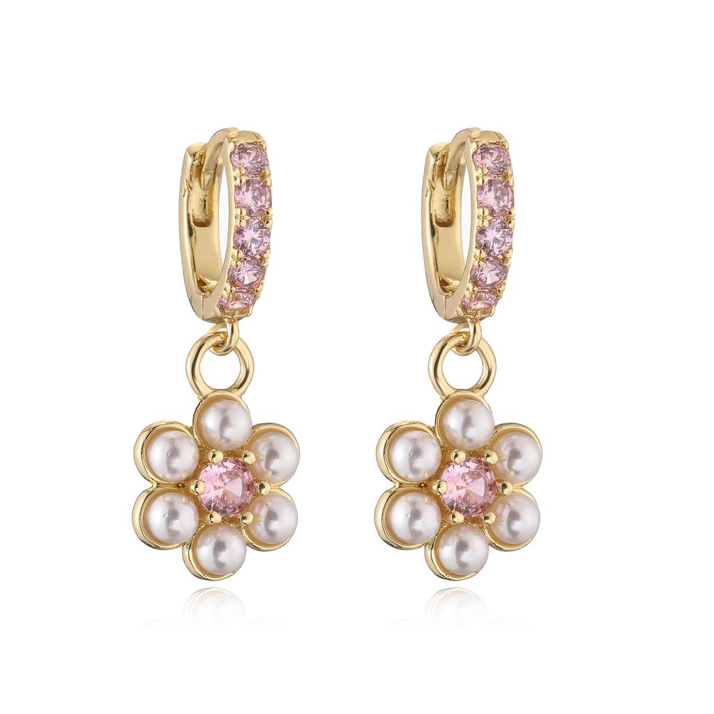 HECHENG,Sweet Romantic Small Pearl Zirconia Flower Pendant Women's Earrings Plated 18K Golden Copper Earrings Piercing Jewellery