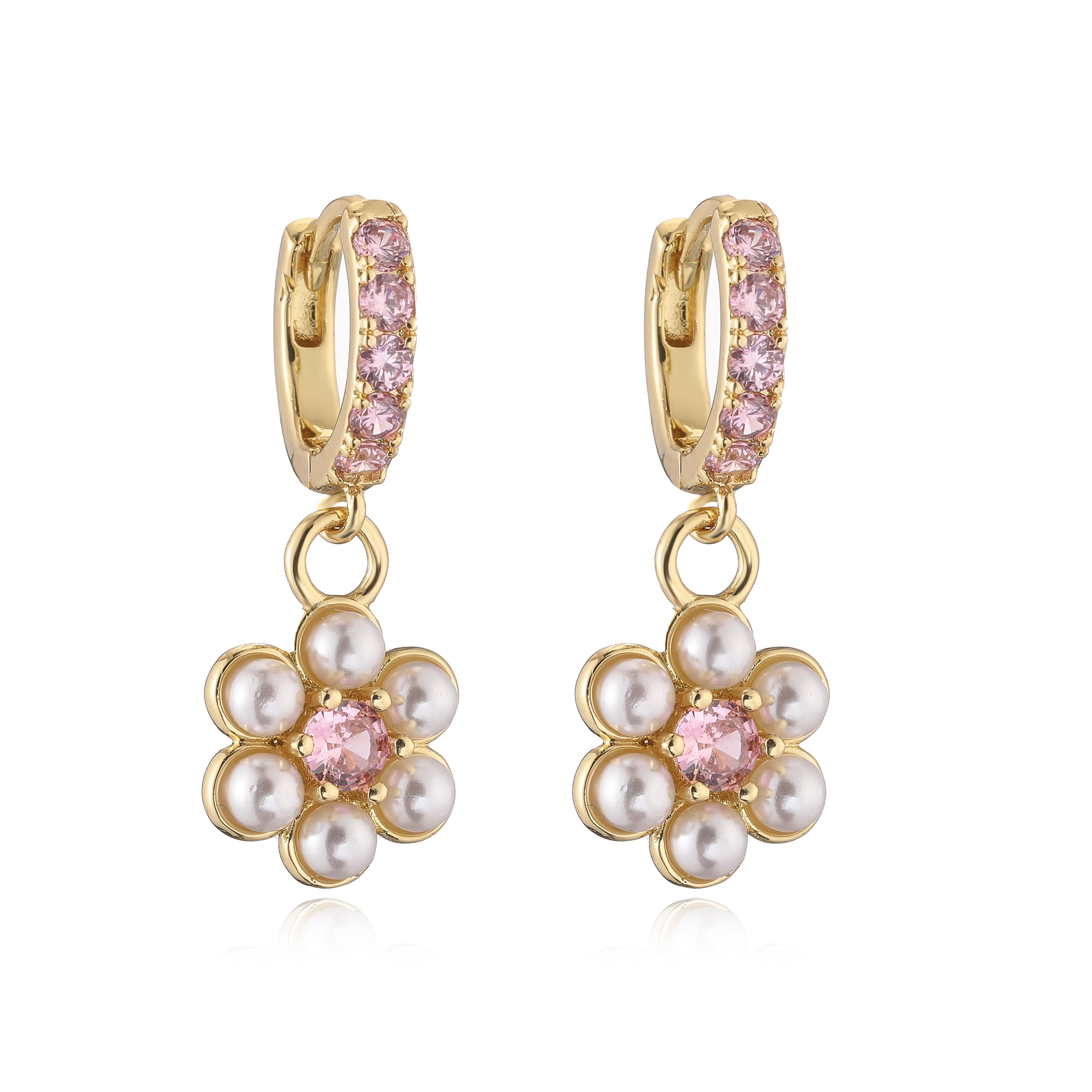 HECHENG,Sweet Romantic Small Pearl Zirconia Flower Pendant Women s Earrings Plated 18K Golden Copper Earrings Piercing Jewellery Other розовый