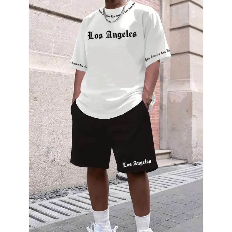 Los Angeles English Letter Pattern Men's Short Sleeved and Shorts Casual Sports Suit