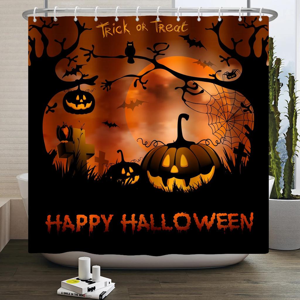 Halloween Shower Curtain Funny Horror Pumpkin Bat Cartoon Cat Happy Halloween Bathroom Curtain for Kids Waterproof Bath Curtain