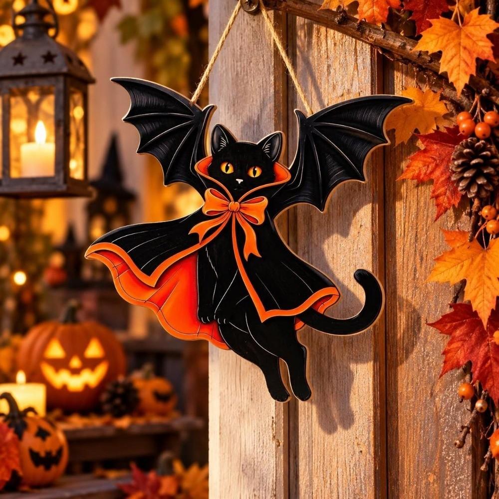 Wooden Black Cat Pendant Gothic Style Hanging Decoration Sign Halloween Decoration  Home Decoration