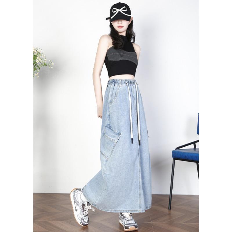 Dimanaf 2025 Plus Size Summer Elastic Denim Skirts Women A-Line Fashion Loose Long Skirt High Waist Vintage Maxi