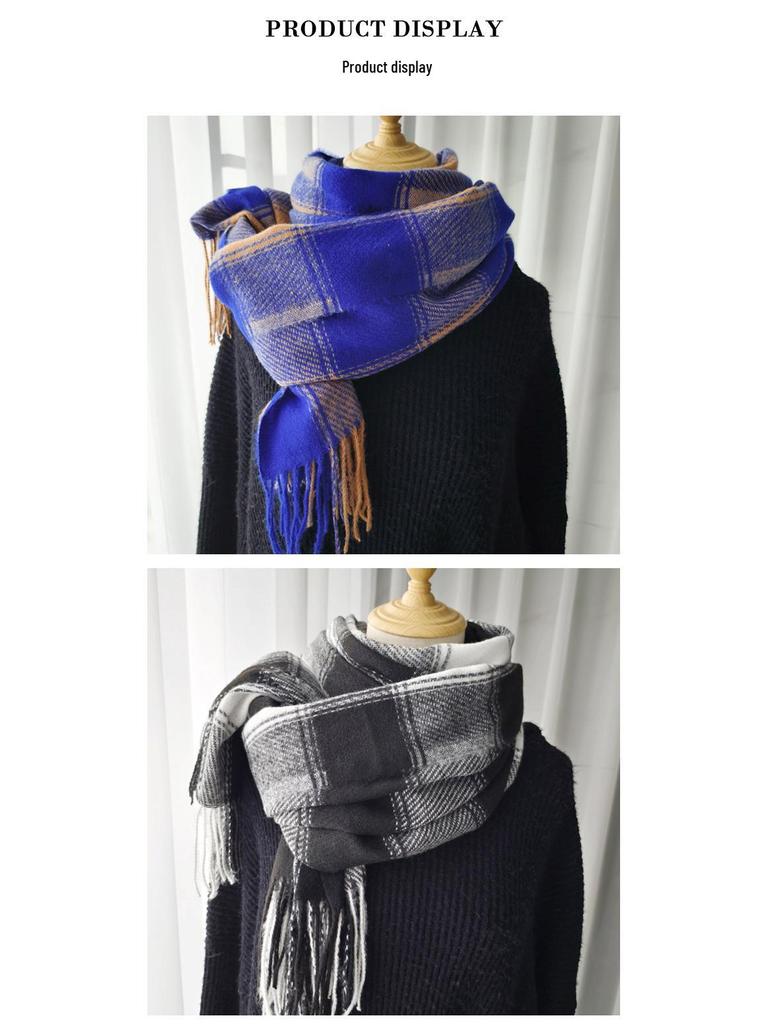Women's 2024 Korean Style Plaid Snood: Versatile Thick Tassel Shawl for Autumn and Winter