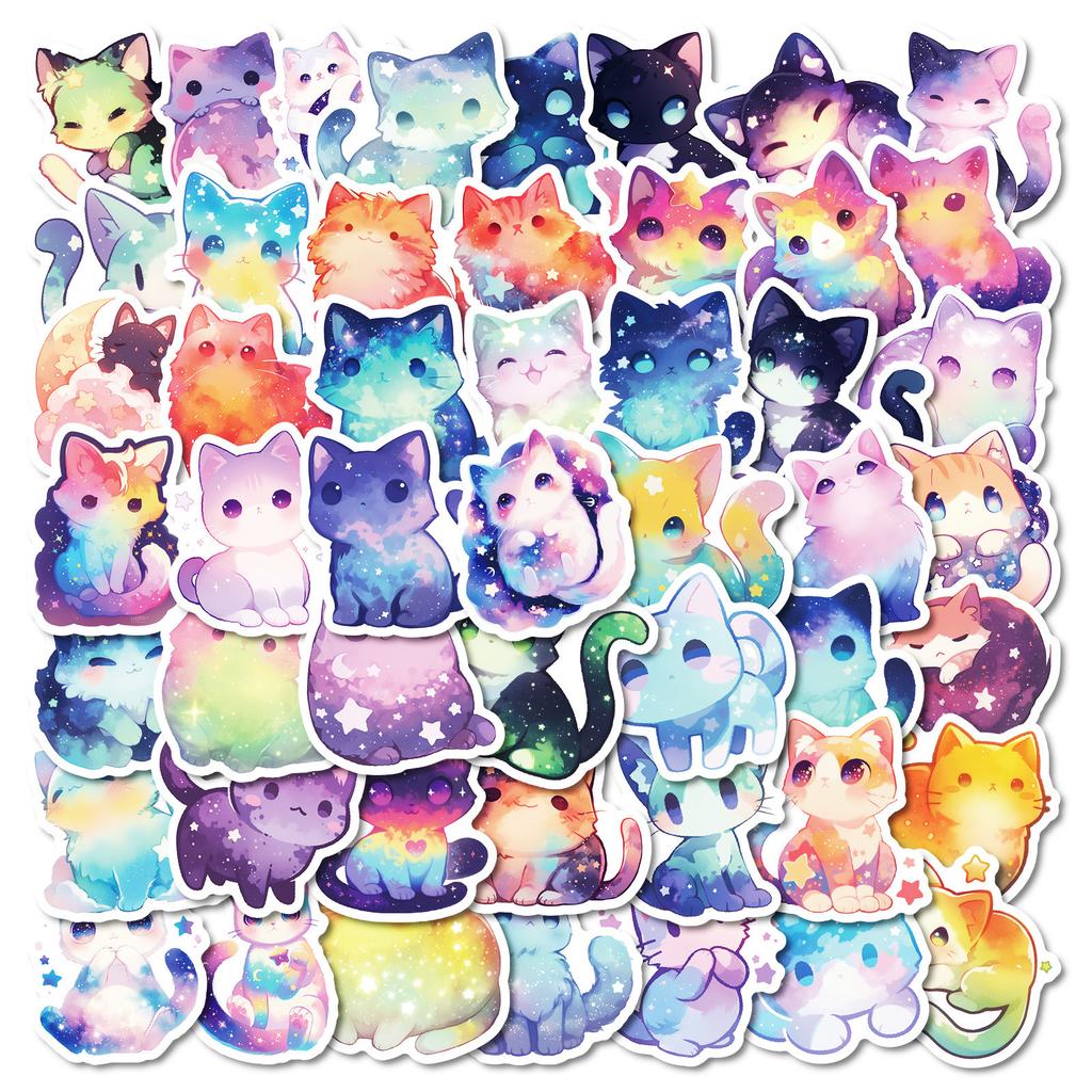 50 Cute Cartoon Starry Sky Kitten Stickers Laptop Hand Ledger Mobile Phone Case Decoration DIY Stickers