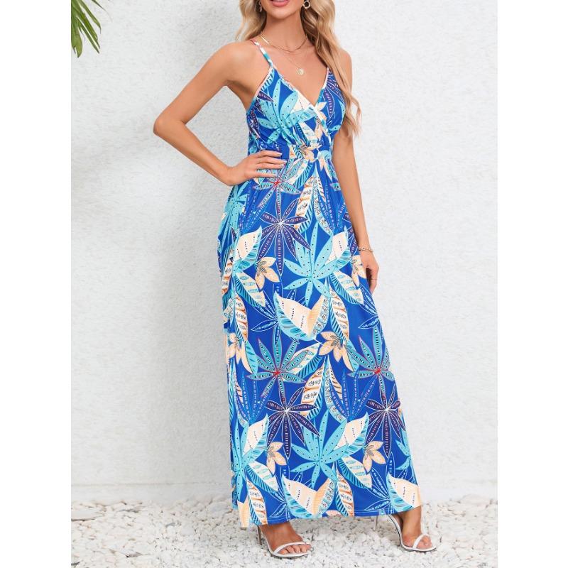 Abiti casual a vita alta con scollo a V senza maniche con stampa floreale primaverile alla moda da donna