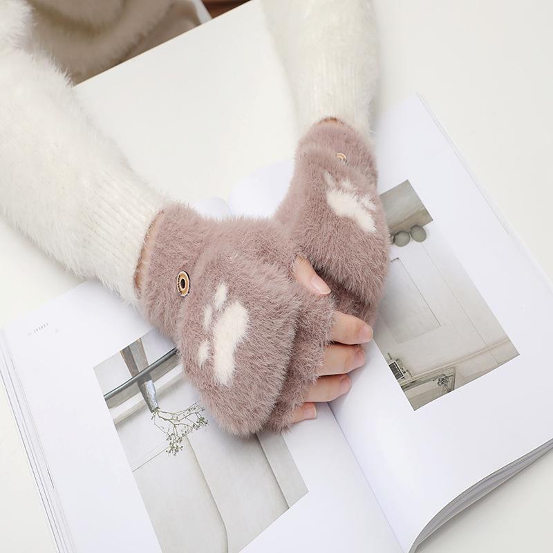 New Kawaii Women Warm Cat Gloves Fashion Girls Cat Claw Paw Plush Mittens Soft Plush Short Fingerless Half Finger Winter Gloves