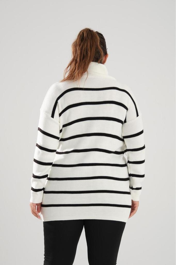 Women's Big Size Blouse Black Zipper Collar Black Striped Knitted Knitwear Plus Size Blouse