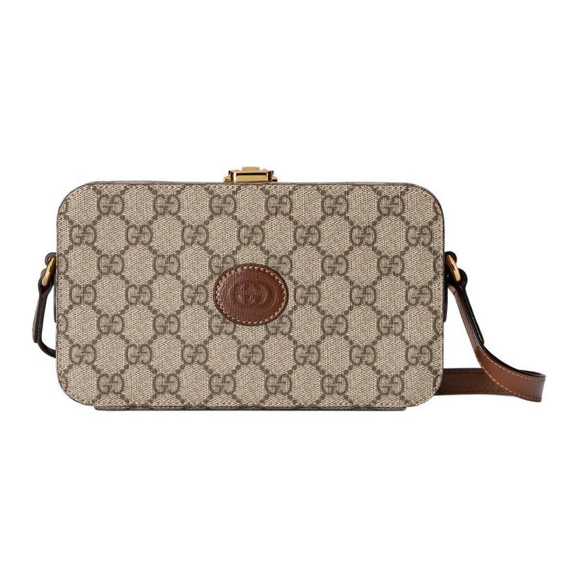 Gucci Oval Double G Leather Tag Canvas Mini Shoulder Crossbody Bag Women Handbags Beige Ebony 723129-92TCG-8563