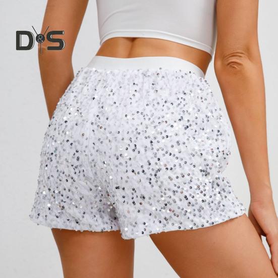 Dámské kraťasy s vysokým pasem, třpytivé flitry, elastický pas, slim fit, rovné mini kraťasy, klubové párty, taneční kraťasy, ležérní letní kraťasy