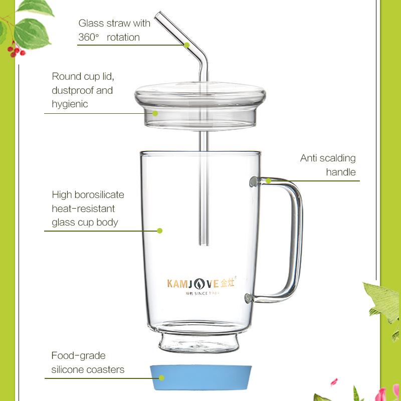 KAMJOVE Skleněný hrnek s víčkem odolný vůči teplu, Módní dámský hrnek se slámkou, Průhledný skleněný hrnek, Opakovaně použitelný AC-100 500ML hrnek na džus