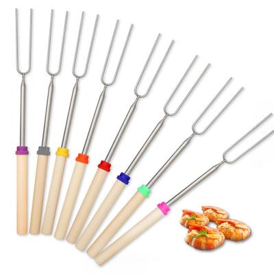 Telescopic BBQ Fork Stainless Steel U-shaped Kabob Skewers Extendable Marshmallow Hot Dog Roasting Sticks for Campfire Picnic Outdoor Cooking