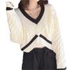 Korean Color Block V-Neck High Waist Knit Sweater for Women – Autumn Winter Trendy Lazy Style Cable Knit Outerwear Top