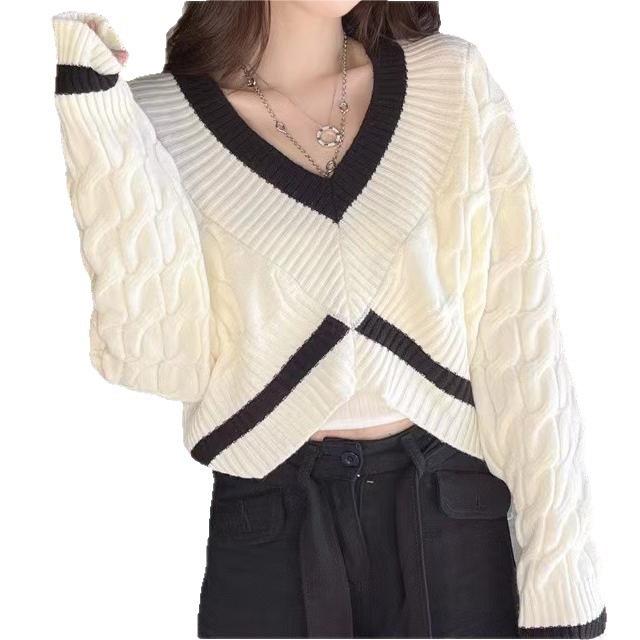 Korean Color Block V-Neck High Waist Knit Sweater for Women – Autumn Winter Trendy Lazy Style Cable Knit Outerwear Top