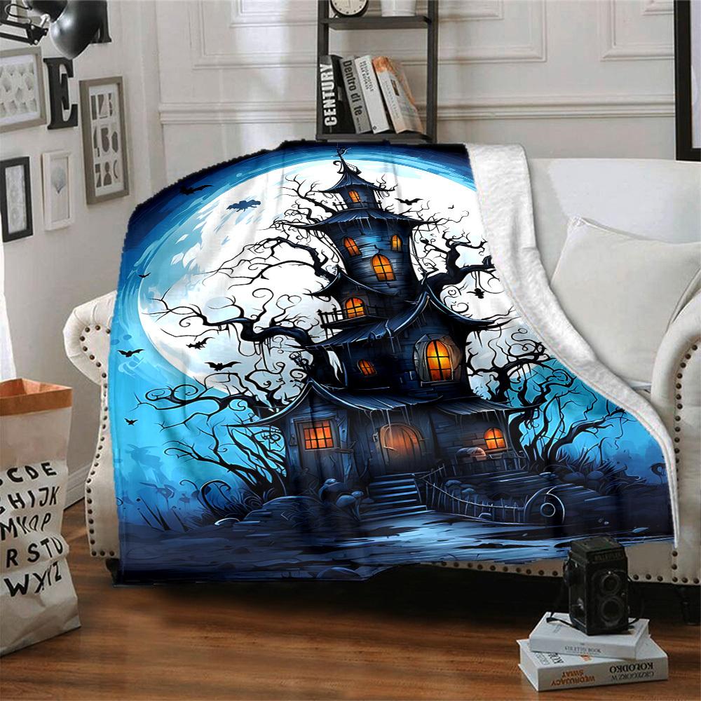 1pc Halloween Haunted House Moonlit Night Blanket, Lightweight Flannel Throw Blanket For Sofa, Bed, Travel151