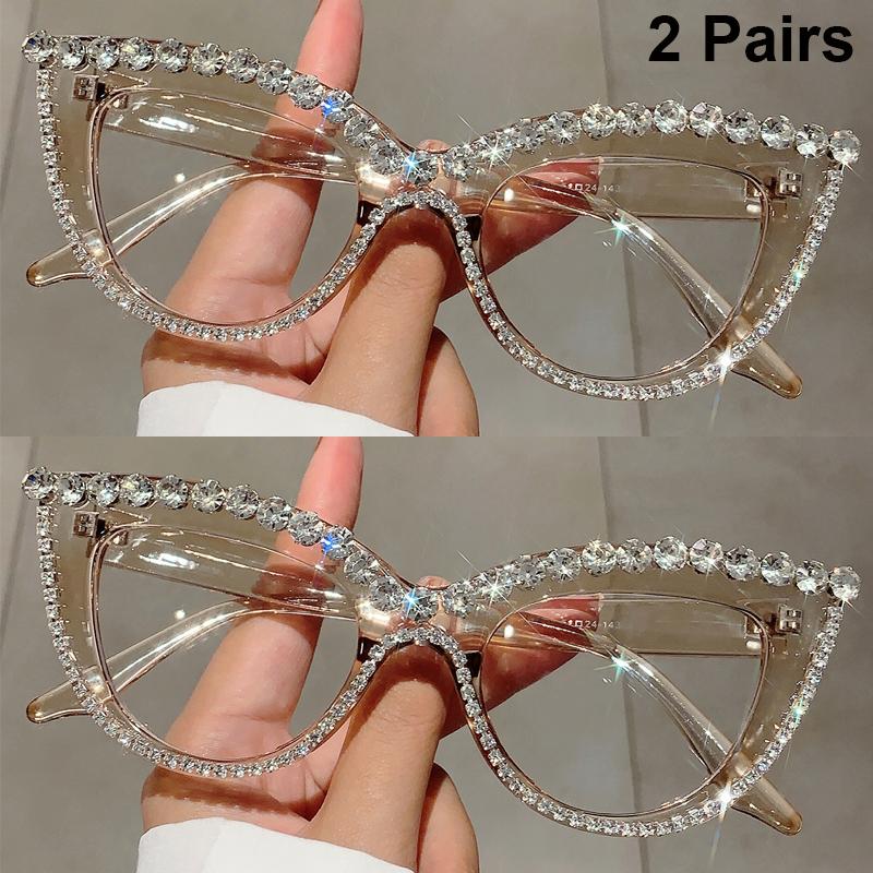 2 Pairs Vintage Cat Eye Glasses with Rhinestones Women Stylish Blue Light Blocking Optical Frames Trendy Design Decor Eyeglasses