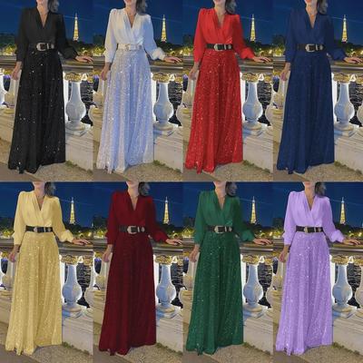 2025 Women French Wide Leg Pants V Neck Long Sleeve Dress with Sequined Waist for Spring Autumn Fashion
