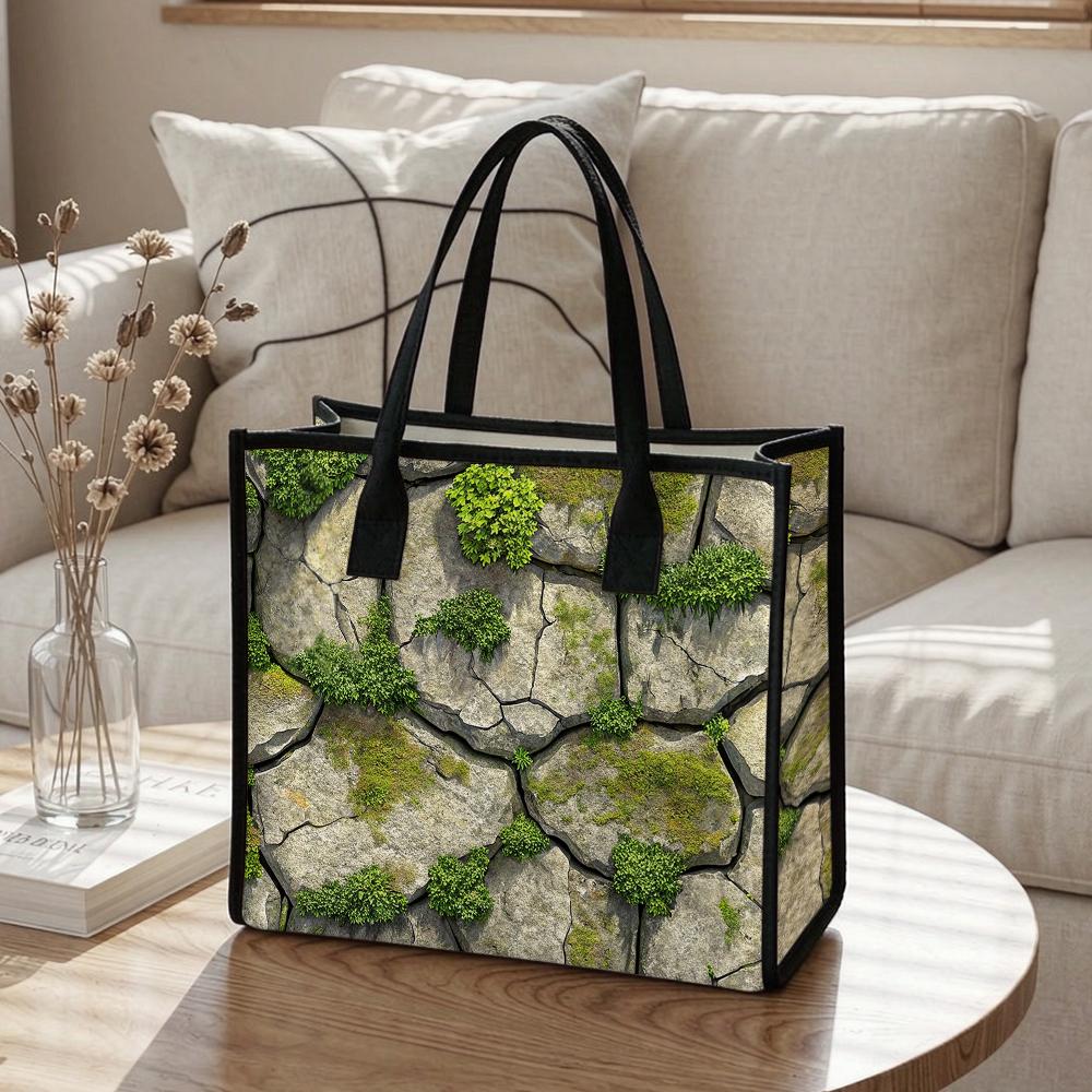 Nature Moss Stone Print Tote Bag Outdoor Daily Large Capacity Lightweight Shoulder Bag