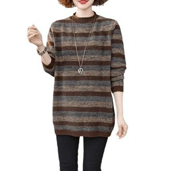 Women's Stylish Striped Sweater: Round Neck, Loose, Slimming, Warm Knitwear for Autumn and Winter.