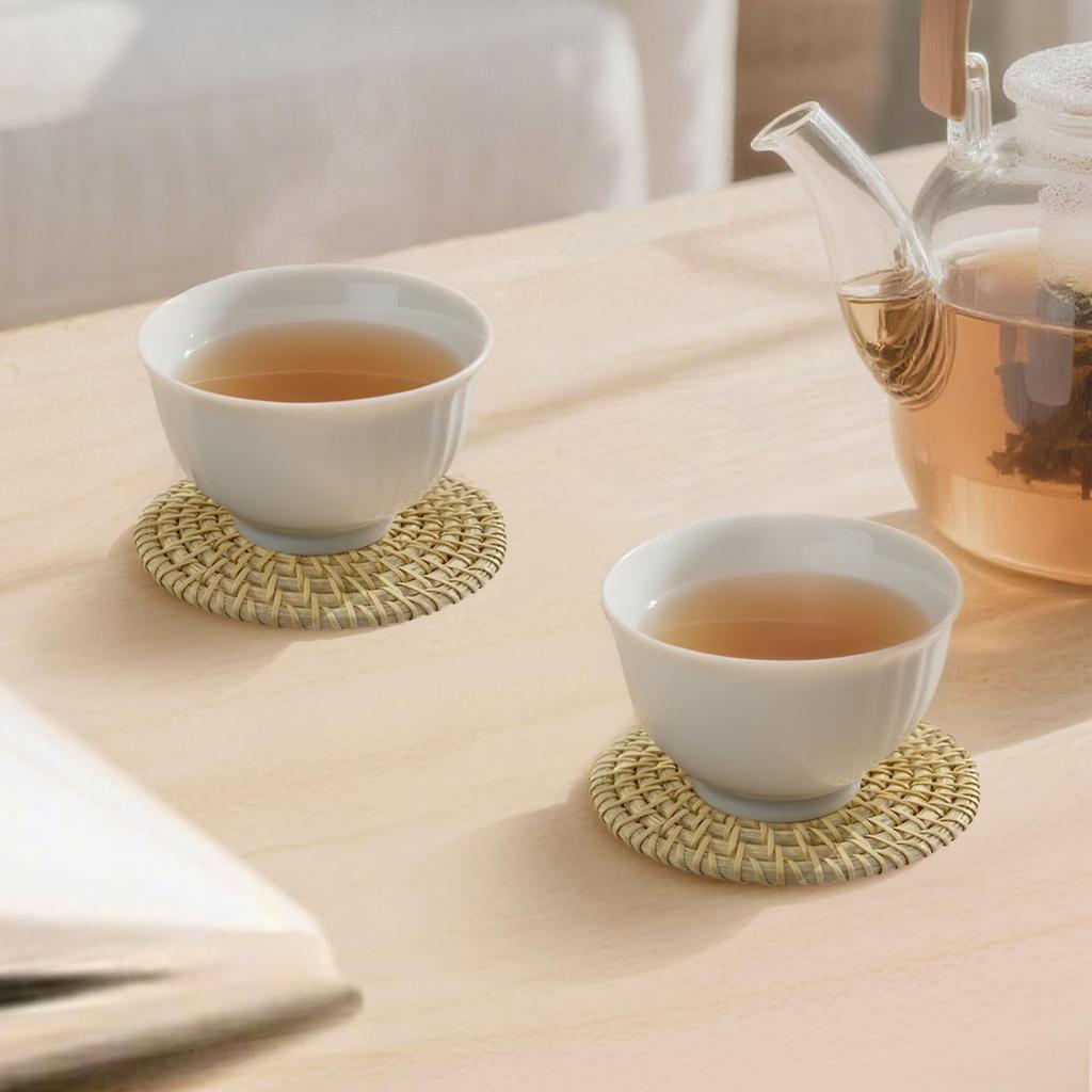 LANGYU Handwoven Rattan Coasters, Heat-Resistant, Natural Material, Round, Washable, Stylish, 10cm Diameter, Heat-Insulating, Non-Slip, Handwoven,