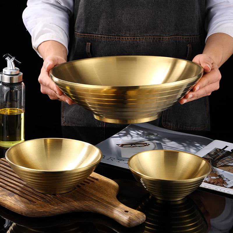 Household Korean Style Metal Salad Fruit Noodle Mixing Bowl 20CM Stainless Steel Gold Large Round Soup Ramen Bowl