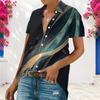 Women Plus Size Short Sleeve Lapel Collar Shirt Abstract Geometric Line Print White Button Up Casual Summer Blouse