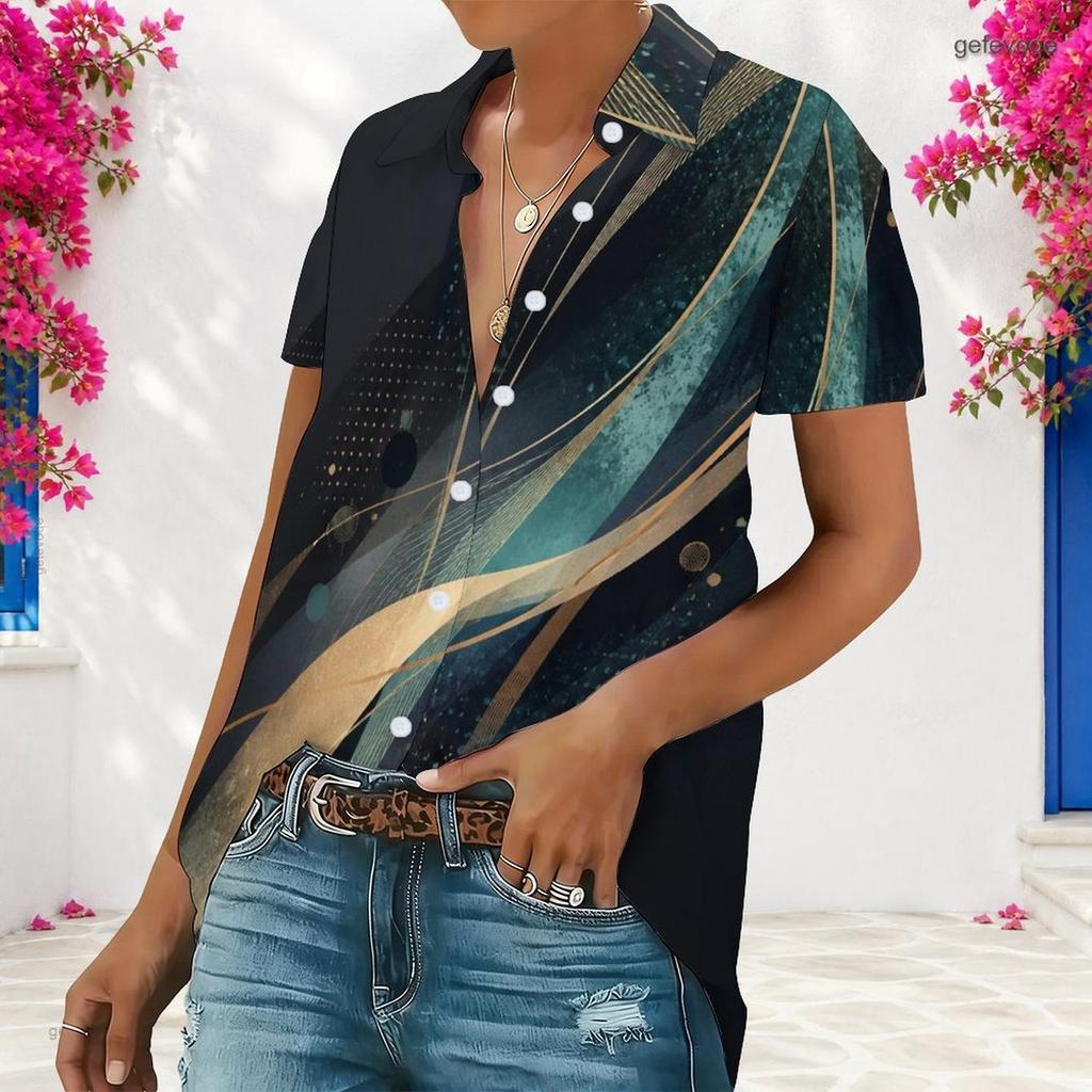 Women Plus Size Short Sleeve Lapel Collar Shirt Abstract Geometric Line Print White Button Up Casual Summer Blouse