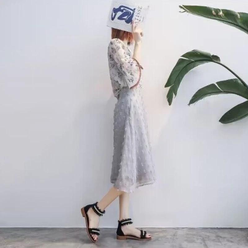 Fashion One Word Roman Style Zip Ladies Shoes Flat Rubber No Heel Pearl Outdoor Footwear White Open Toe Summer 2024 Sandals for Women H