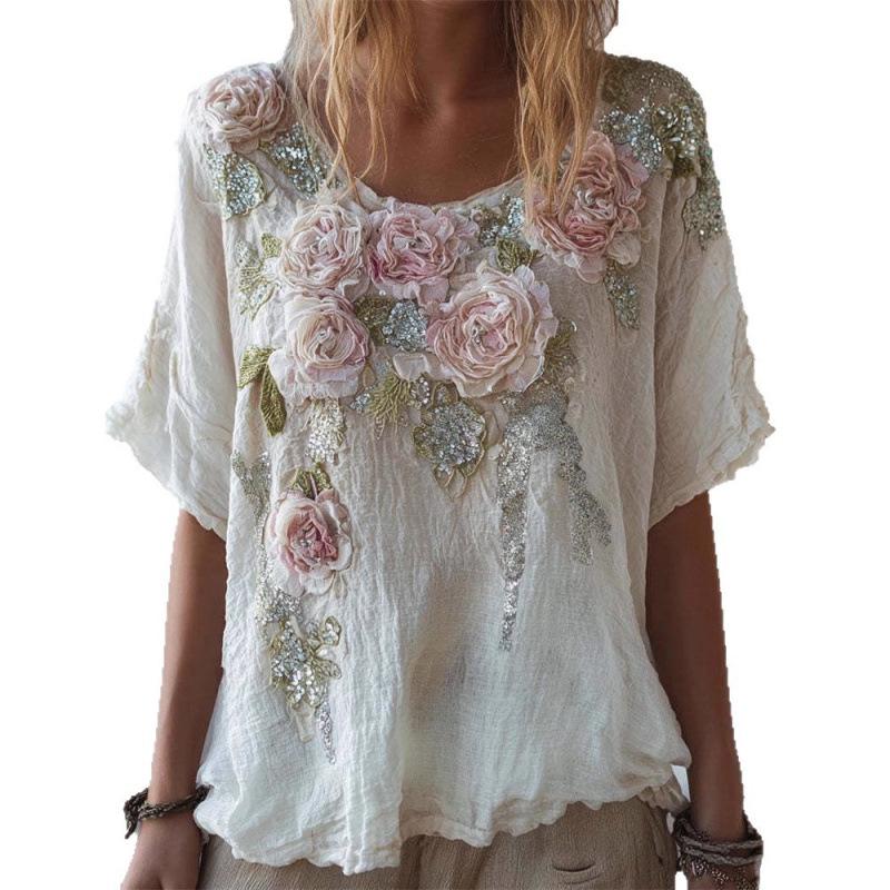 Women's 3D Print Drop Shoulder Jacquard Top - Summer Casual Loose Fit Short Sleeve