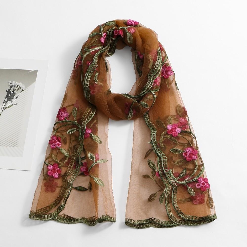 Lightweight Embroidered Floral Headwrap Breathable Long Lace Scarf Outdoor Wedding кофейный
