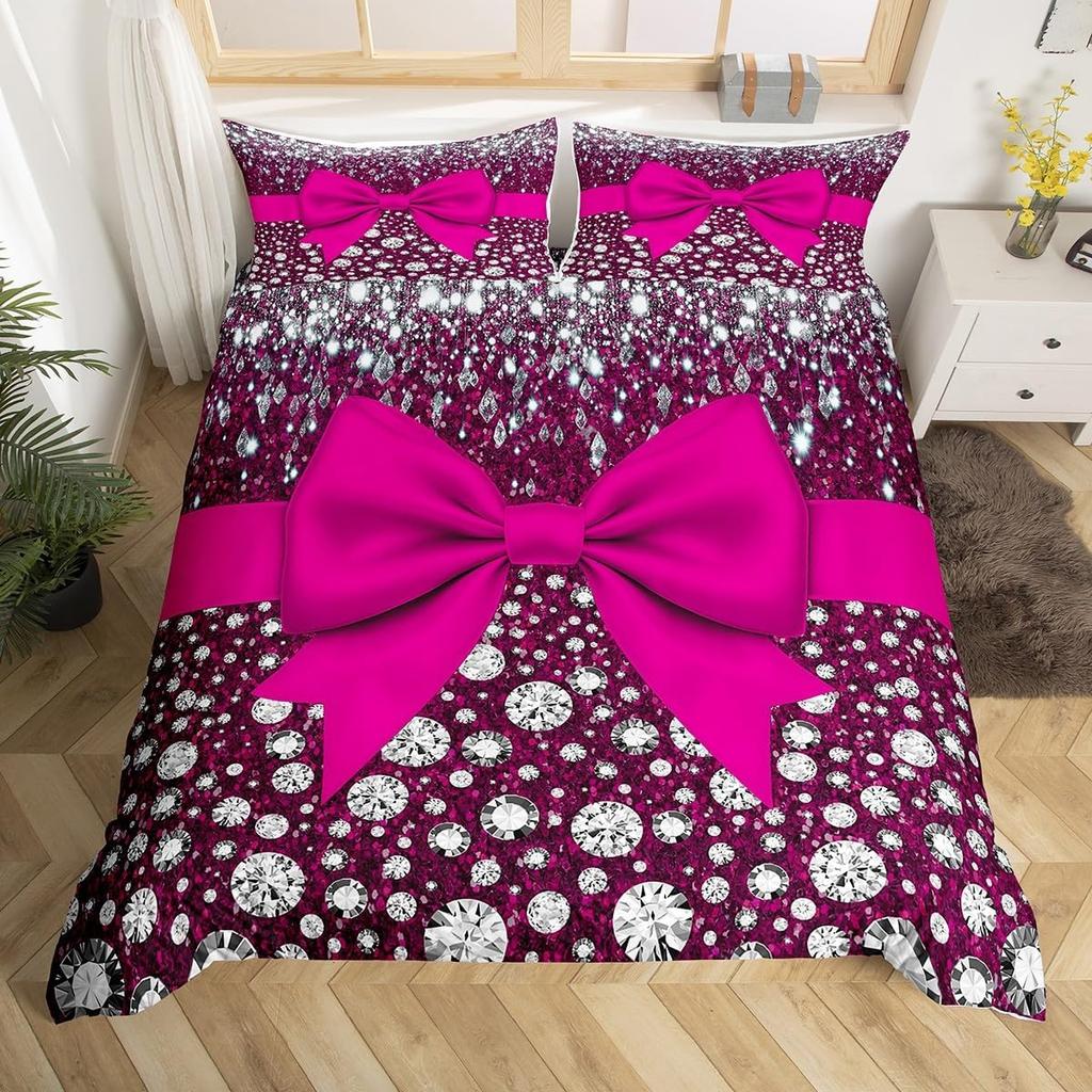 Pink Bow Duvet Cover Set For Kids Adults Girls Dreamy Princess Style Bedding Set Kawaii Bowknot Comforter Cover With Pillowcases