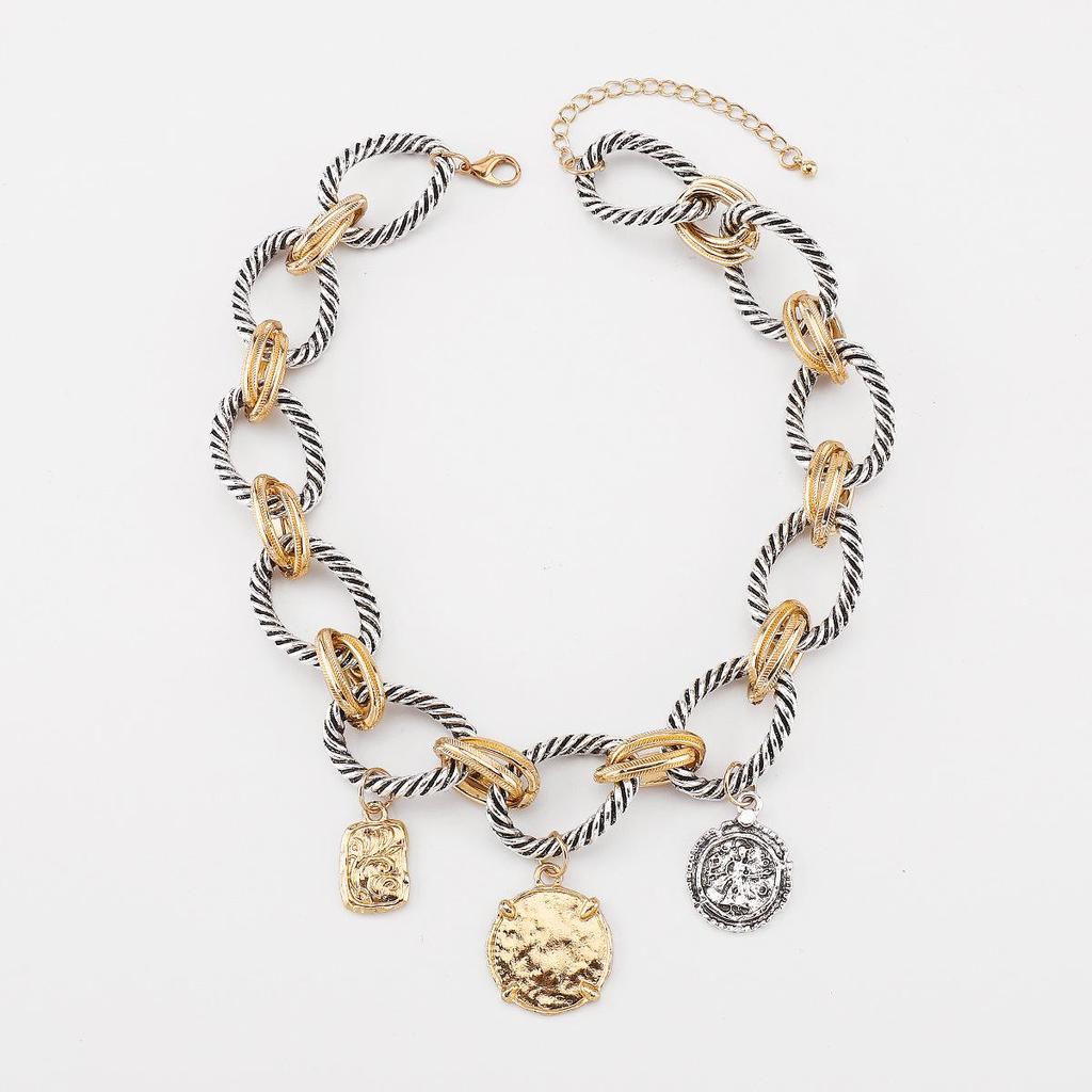 European & American Style Braided Chain Necklace with Coin Alloy Pendant