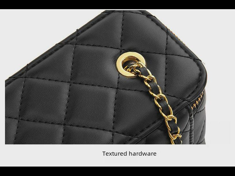 Genuine Leather Camellia Lightweight Diamond Chain Shoulder Bag - Mini Cosmetic Box Style
