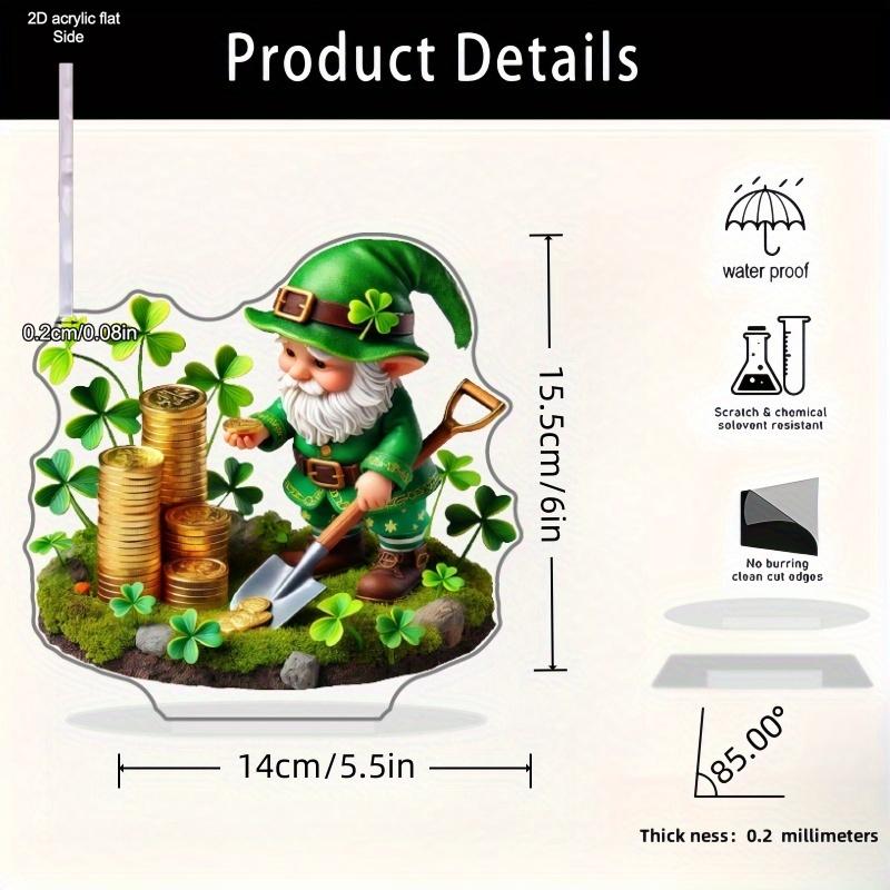  1pc Clover Green Gnome Creative Desktop Decoration, Acrylic Printed One-Piece L-Shaped Design, Suitable for Home, Farmhouse, Living Room, Bedroom 