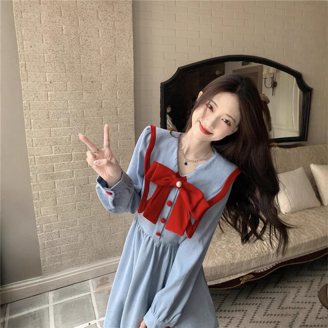 

2024 Korean Retro Patchwork Dress - Casual Waist-Slimming Bowknot, Mid-Length XXL